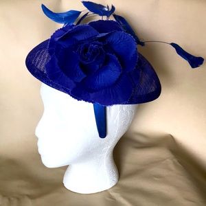 Blue Fascinator with Rosette & Feathers Handmade